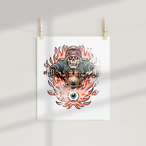 Fiery Skull Biker with Flaming Eyeball Art Print