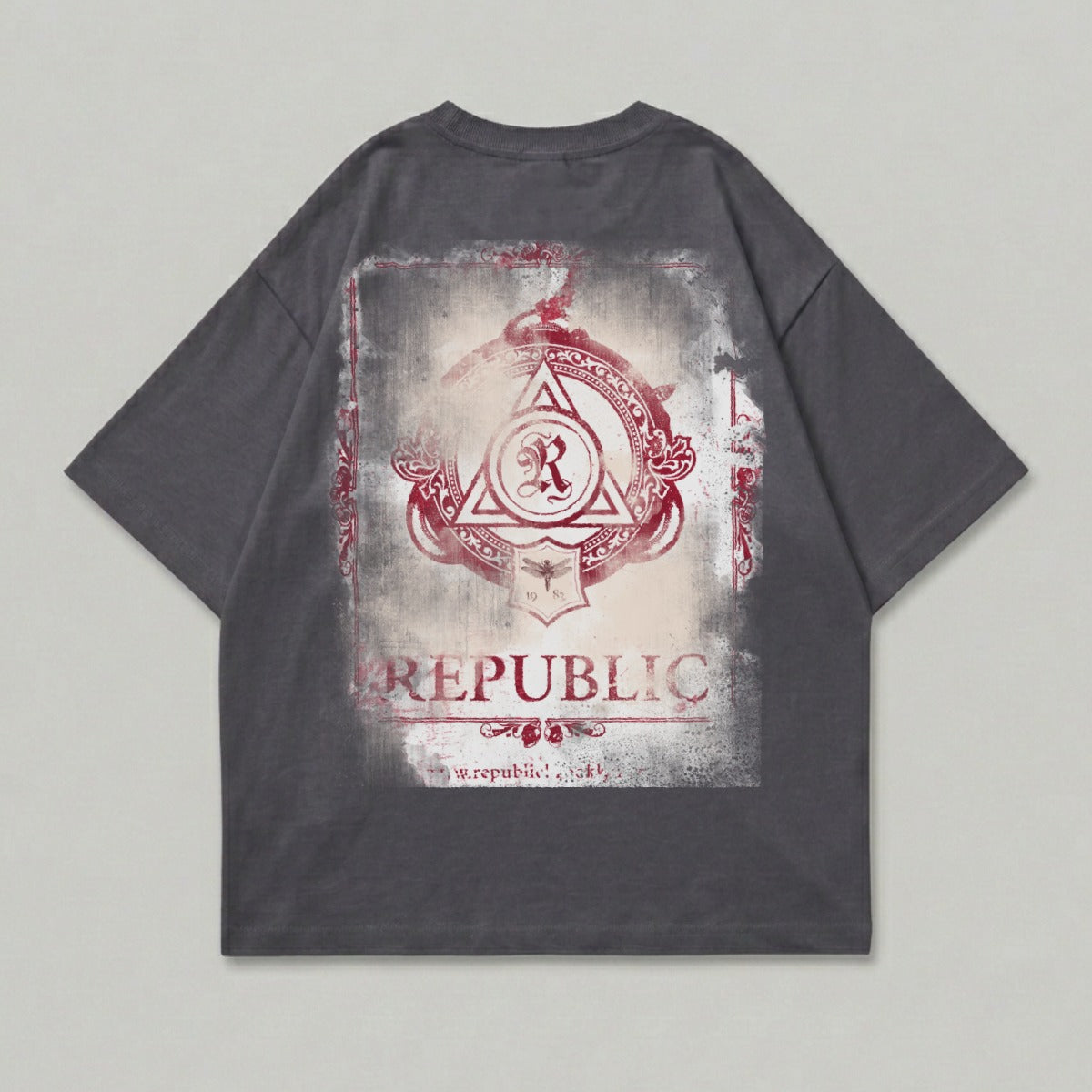 Dark grey t-shirt with distressed circular emblem and "Republic" text.
