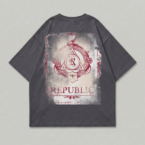 Dark grey t-shirt with distressed circular emblem and "Republic" text.