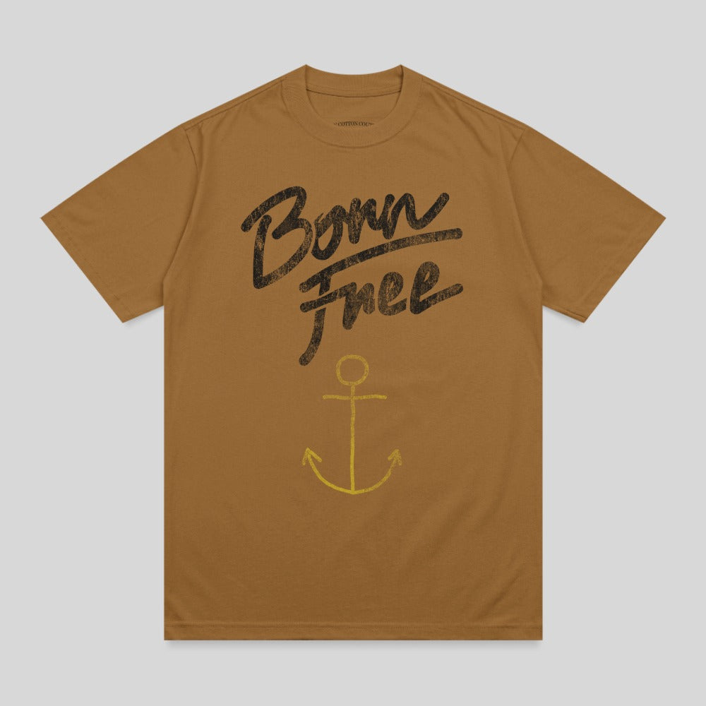 Brown t-shirt with "Born Free" text and yellow anchor graphic.