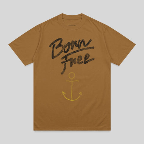 Brown t-shirt with "Born Free" text and yellow anchor graphic.