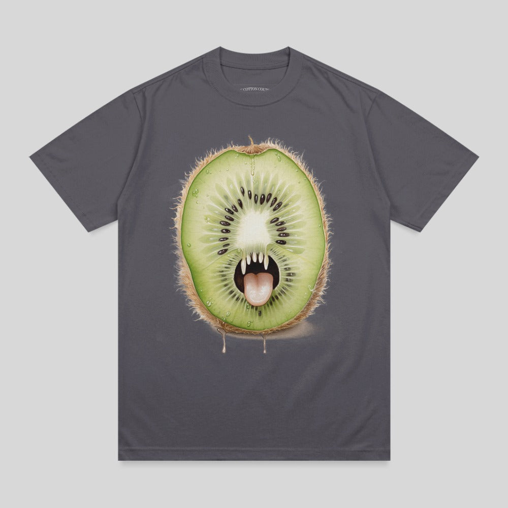 Graphic t-shirt with a cartoon kiwi fruit monster graphic.