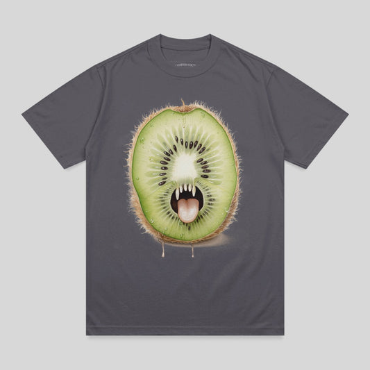 Graphic t-shirt with a cartoon kiwi fruit monster graphic.
