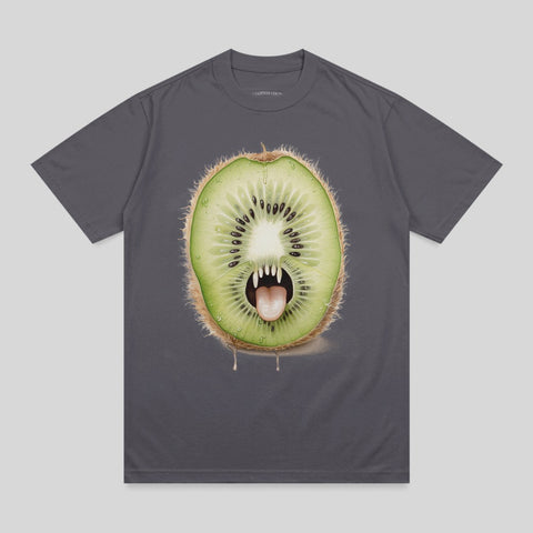 Graphic t-shirt with a cartoon kiwi fruit monster graphic.