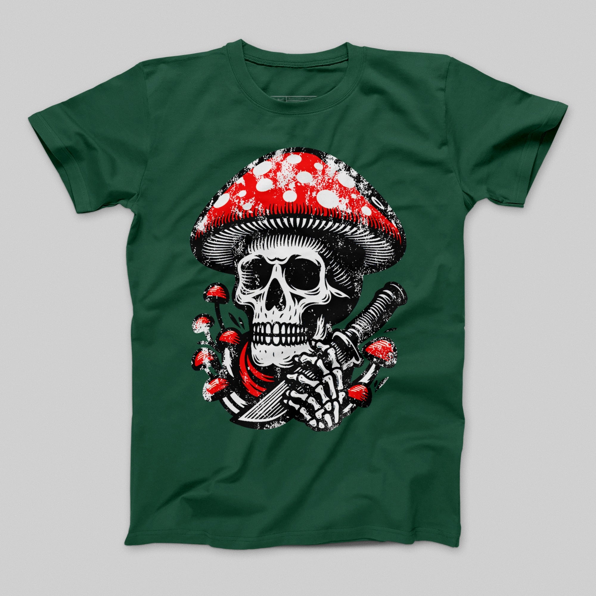 Skull with Mushrooms and Knife Graphic T-Shirt