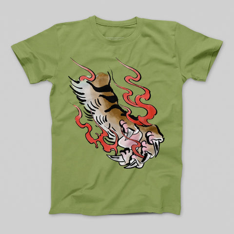 Green T-Shirt with Tiger Claw and Red Flames Graphic