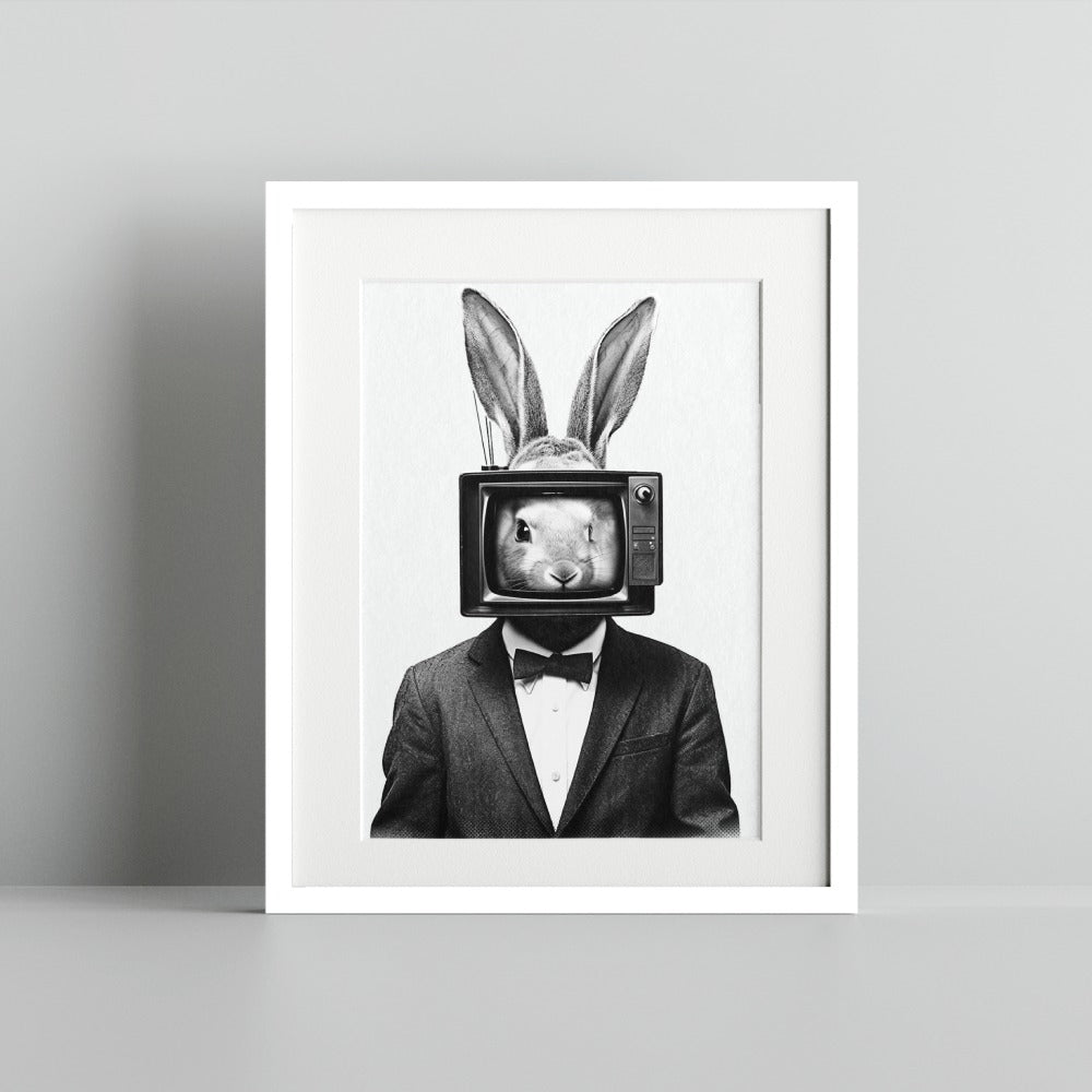 Surreal Rabbit with TV Head Art Print for Home Decor