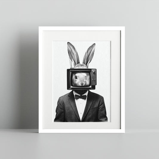 Surreal Rabbit with TV Head Art Print for Home Decor