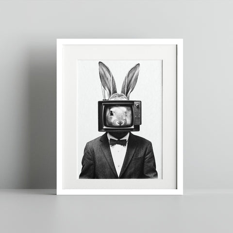 Surreal Rabbit with TV Head Art Print for Home Decor