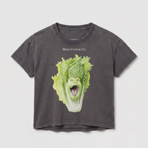 Dark grey t-shirt with "Mary Cotton Co." and a head made of lettuce.