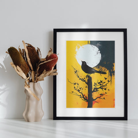 Black Bird Silhouette Against Moonlight Art Print