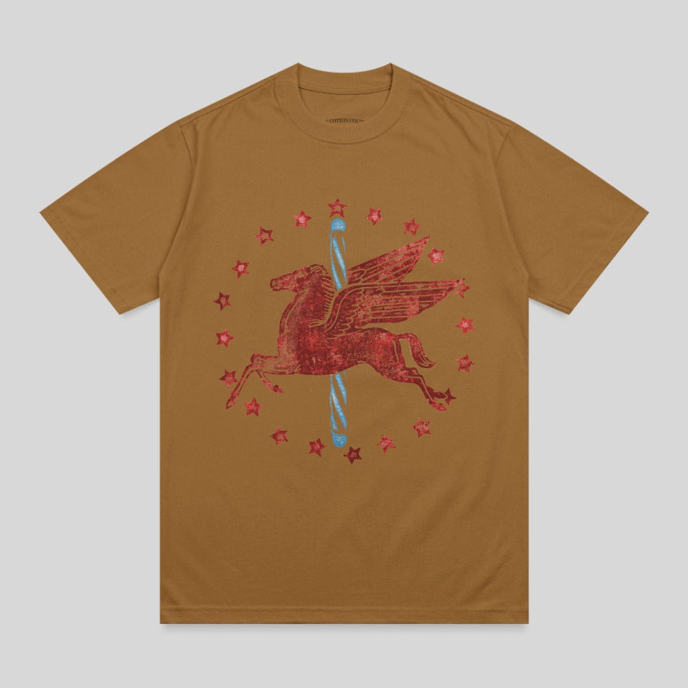 Brown t-shirt with a red pegasus and blue stars graphic.