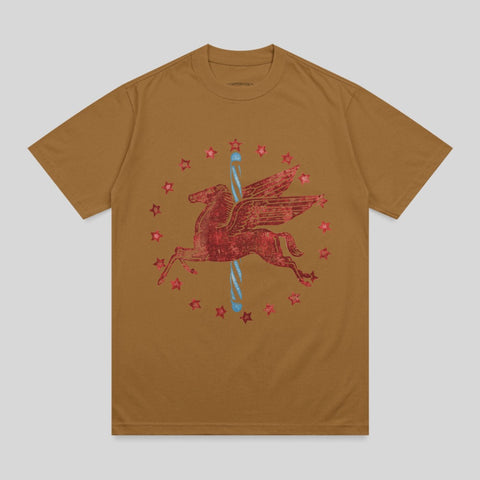 Brown t-shirt with a red pegasus and blue stars graphic.