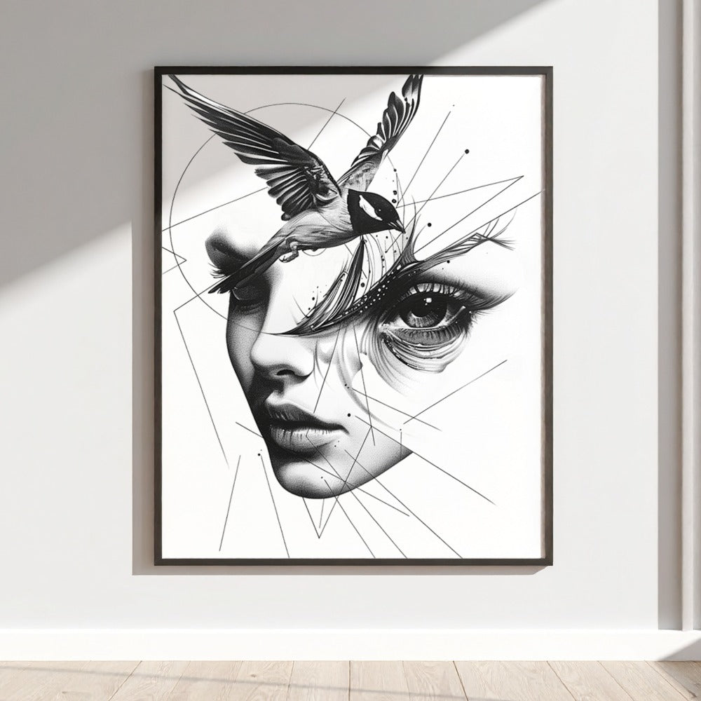 Abstract Face and Bird Black White Wall Art Print