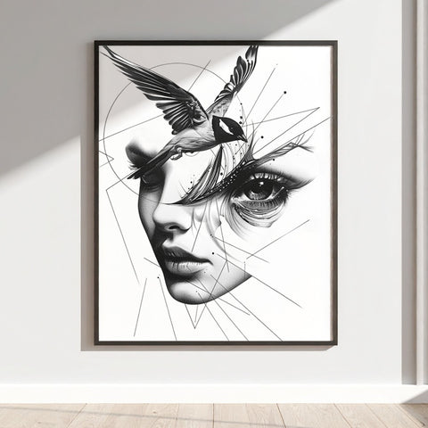 Abstract Face and Bird Black White Wall Art Print