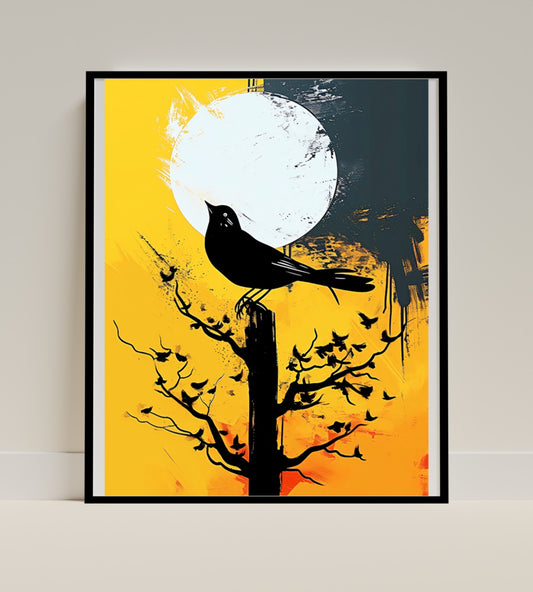 Abstract Night Bird Art Print with Sun Background