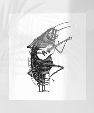 Guitar Playing Insect Sitting On Stool Illustrated Print