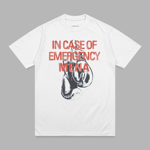 White t-shirt with red text "IN CASE OF EMERGENCY" above boxing gloves.