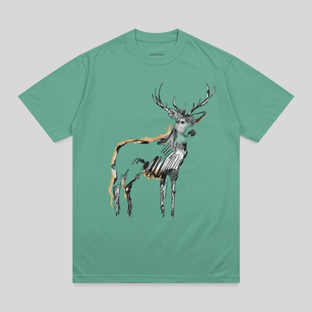 T-shirt with a sketched deer graphic.