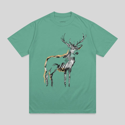 T-shirt with a sketched deer graphic.