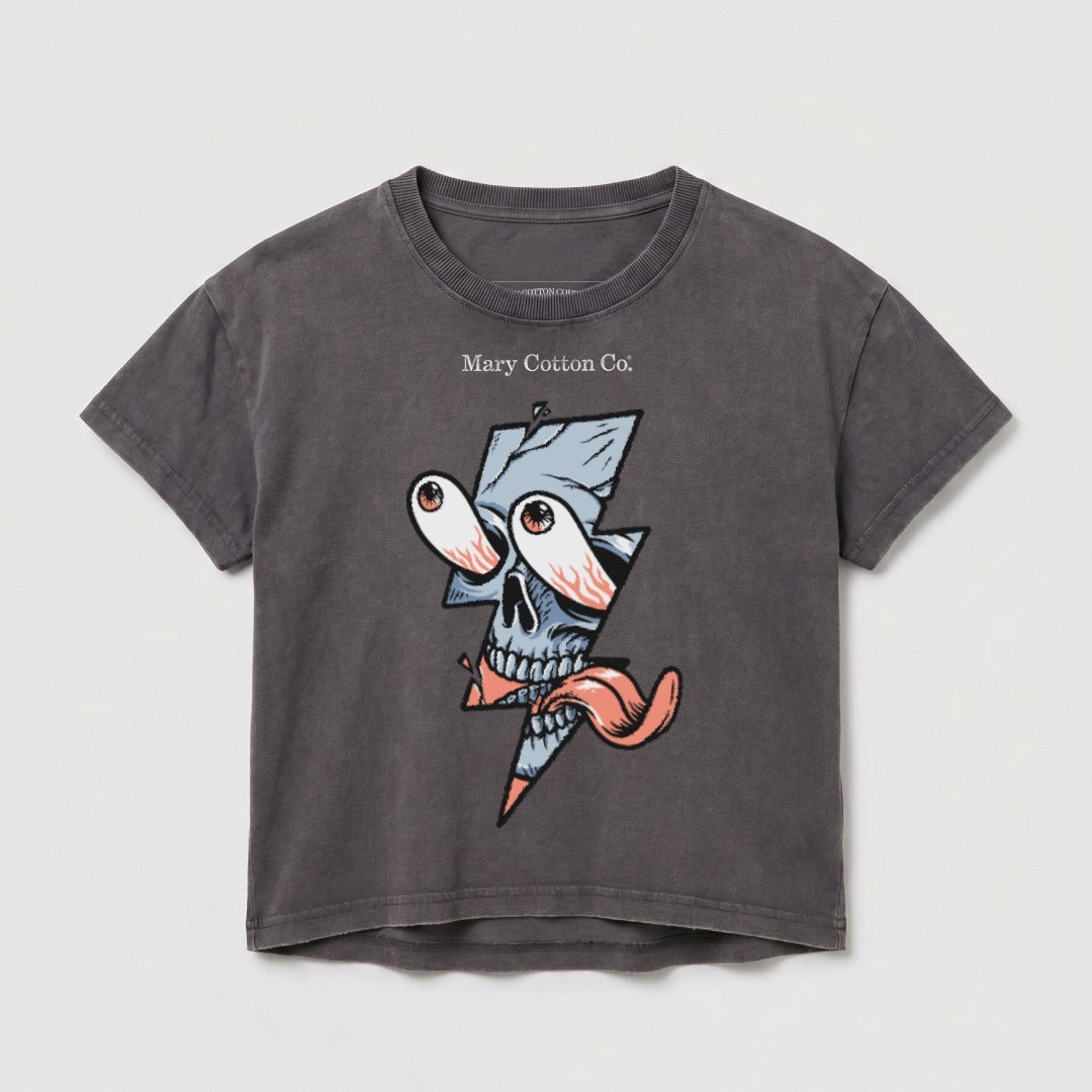 Gray t-shirt with cartoon skull and lightning bolt graphic and "Mary Cotton Co." text.