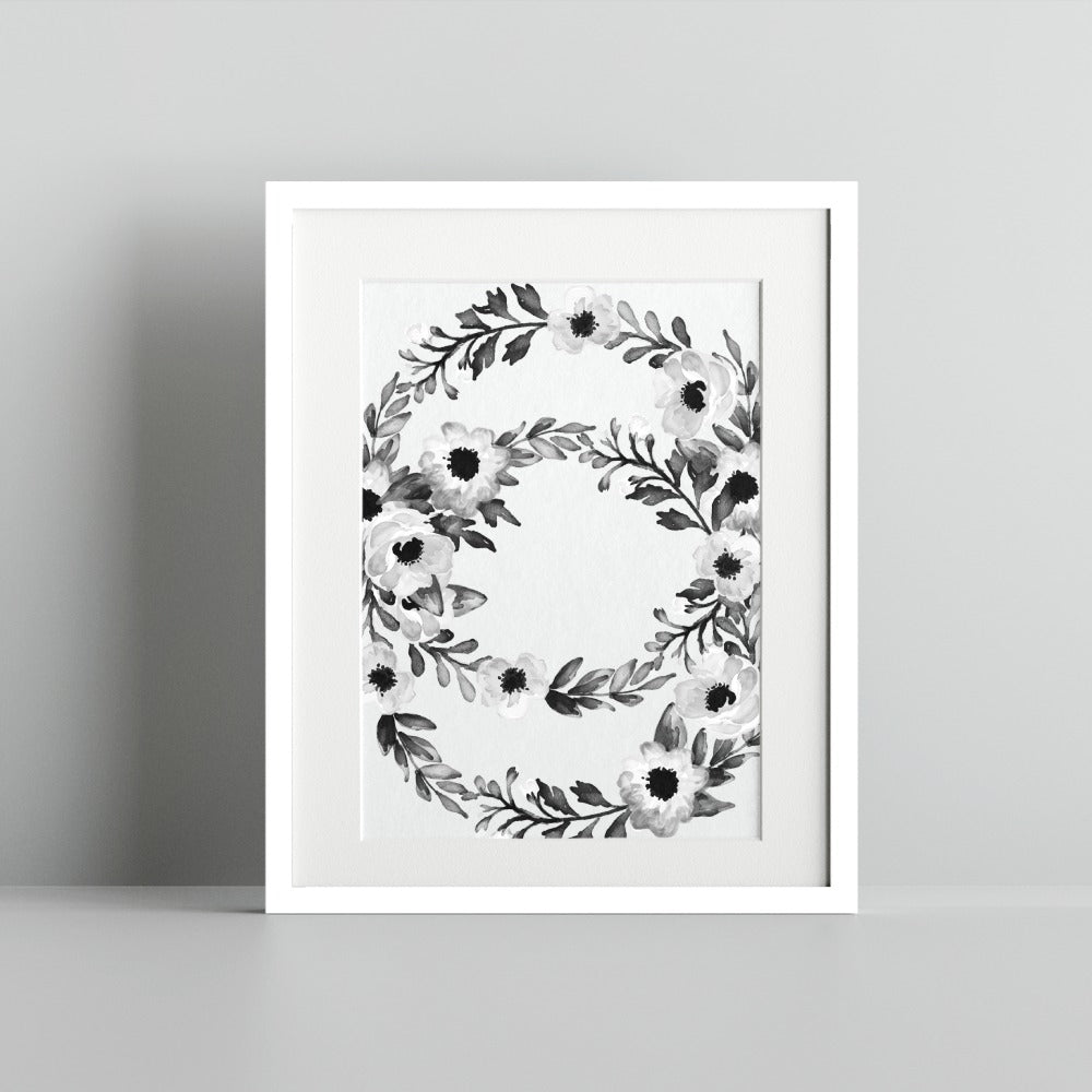 Monochrome Floral Wreath Art Print in Black and White