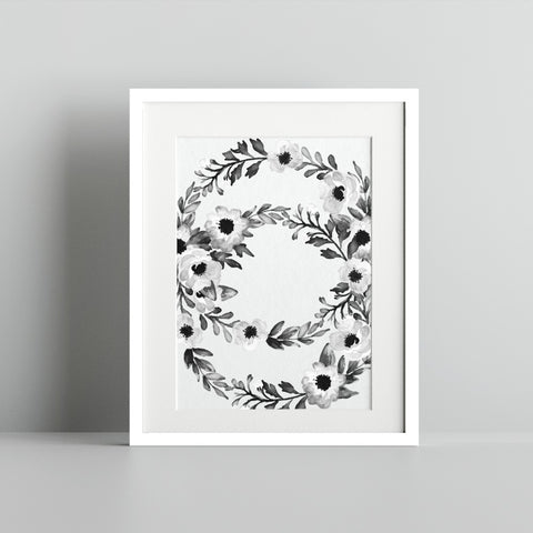 Monochrome Floral Wreath Art Print in Black and White