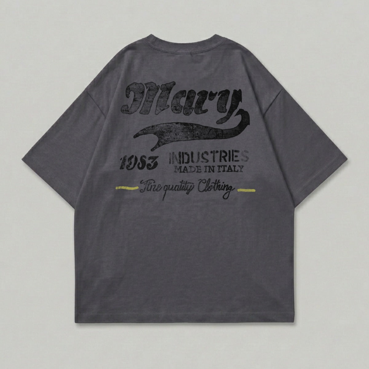Grey t-shirt with "Mary 1983 Industries Made in Italy Fine Quality Clothing" text.