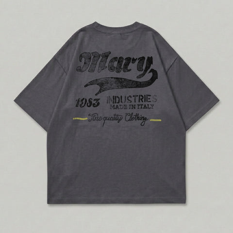 Grey t-shirt with "Mary 1983 Industries Made in Italy Fine Quality Clothing" text.