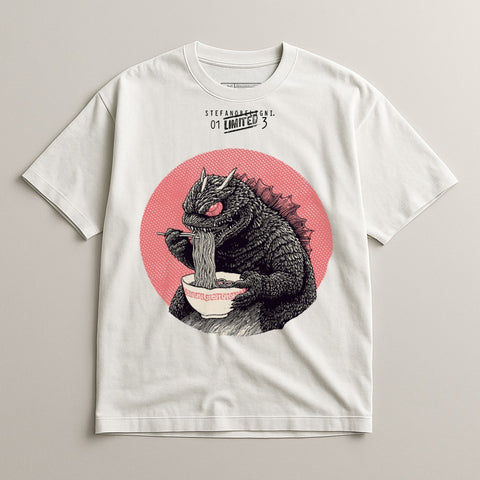 Graphic Tee with Monster Eating Noodles Design