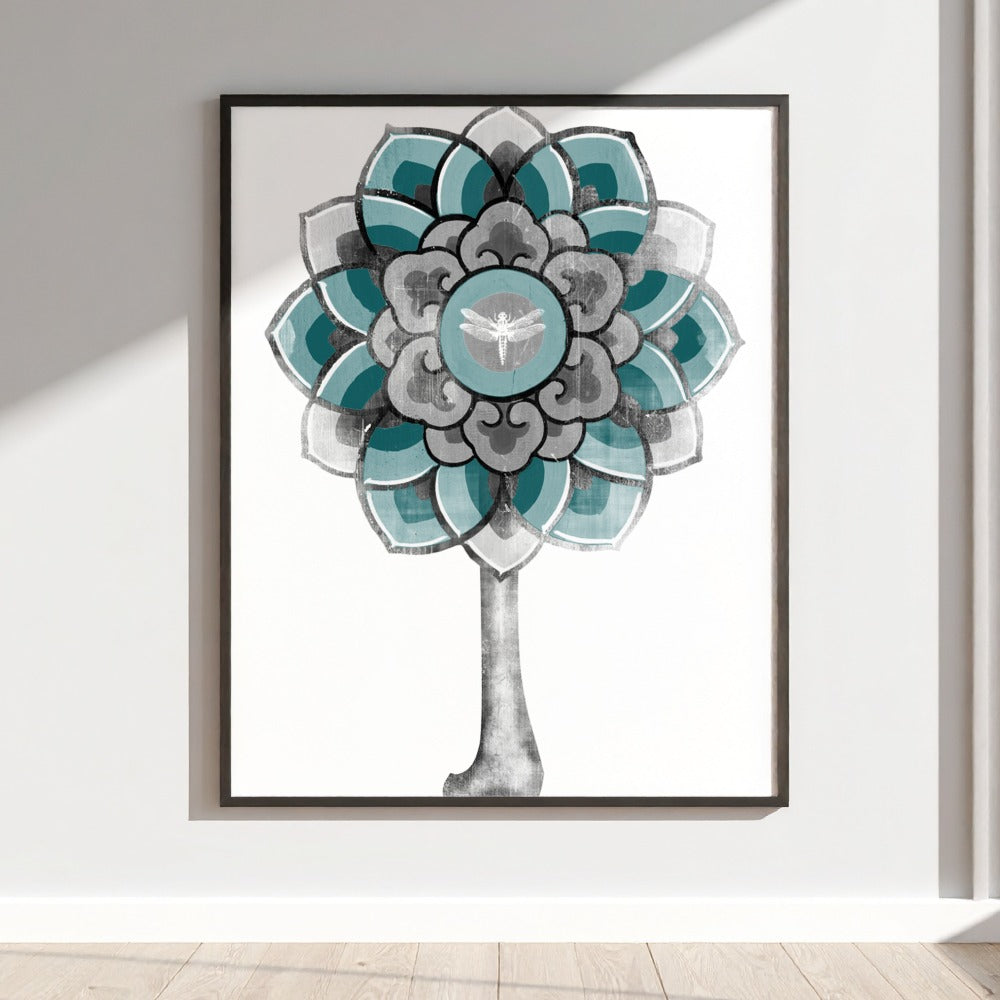 Abstract Teal and Grey Floral Wall Art Decor Piece