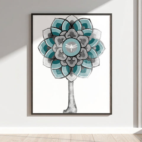 Abstract Teal and Grey Floral Wall Art Decor Piece