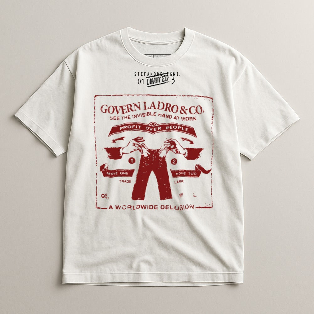 White t-shirt with red graphic of pants and "Govern Ladro & Co." text.