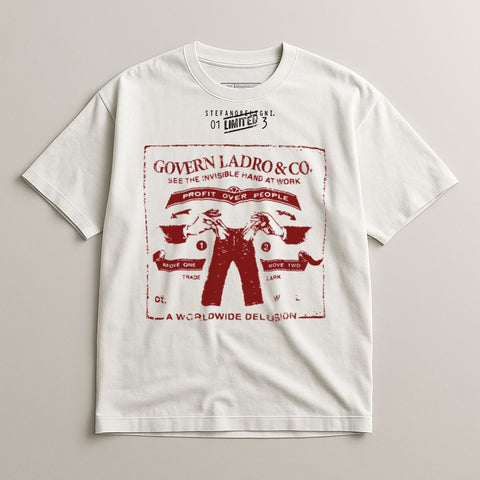 White t-shirt with red graphic of pants and "Govern Ladro & Co." text.