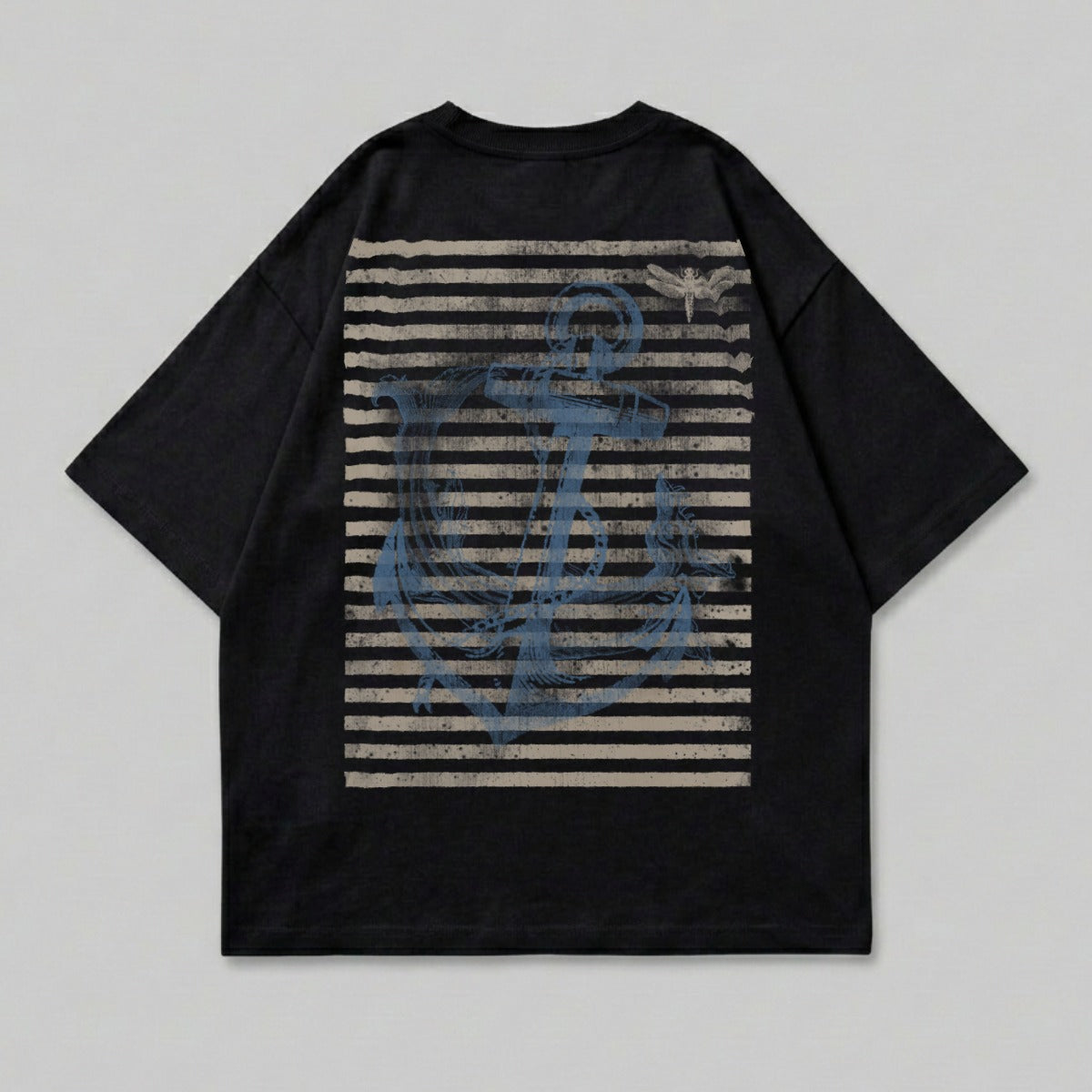 Black t-shirt with distressed anchor and stripes graphic on the back.
