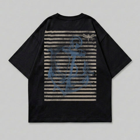 Black t-shirt with distressed anchor and stripes graphic on the back.
