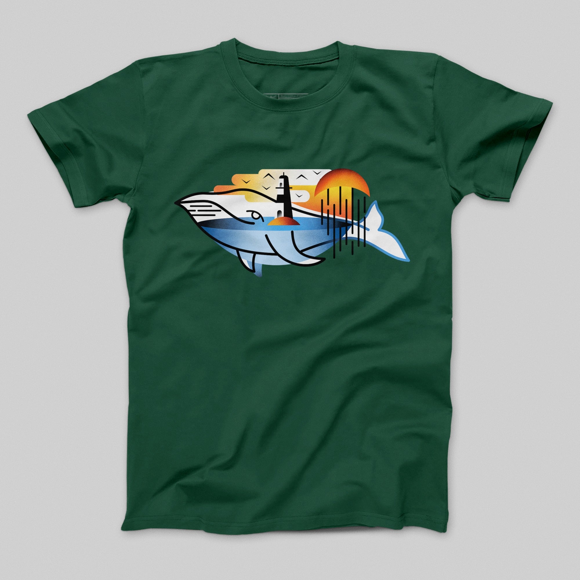 Whale and Lighthouse Illustration Green T-shirt