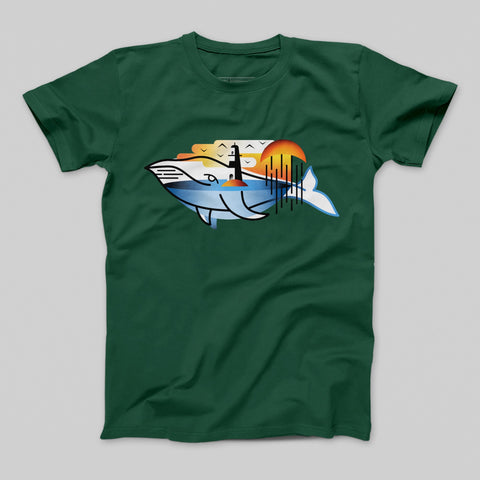 Whale and Lighthouse Illustration Green T-shirt