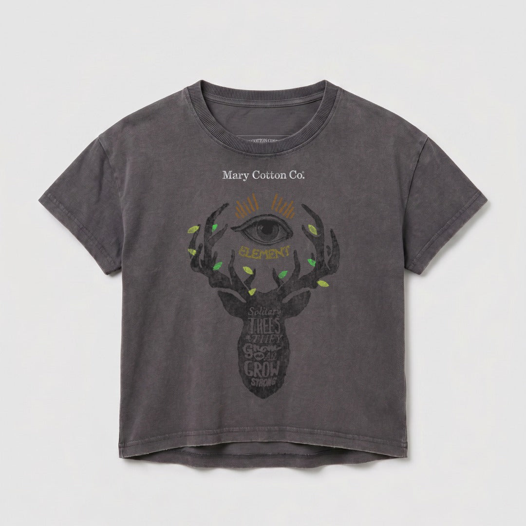 Dark gray t-shirt with deer head graphic, eye, and "ELEMENT" text.