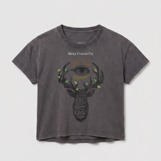 Dark gray t-shirt with deer head graphic, eye, and "ELEMENT" text.