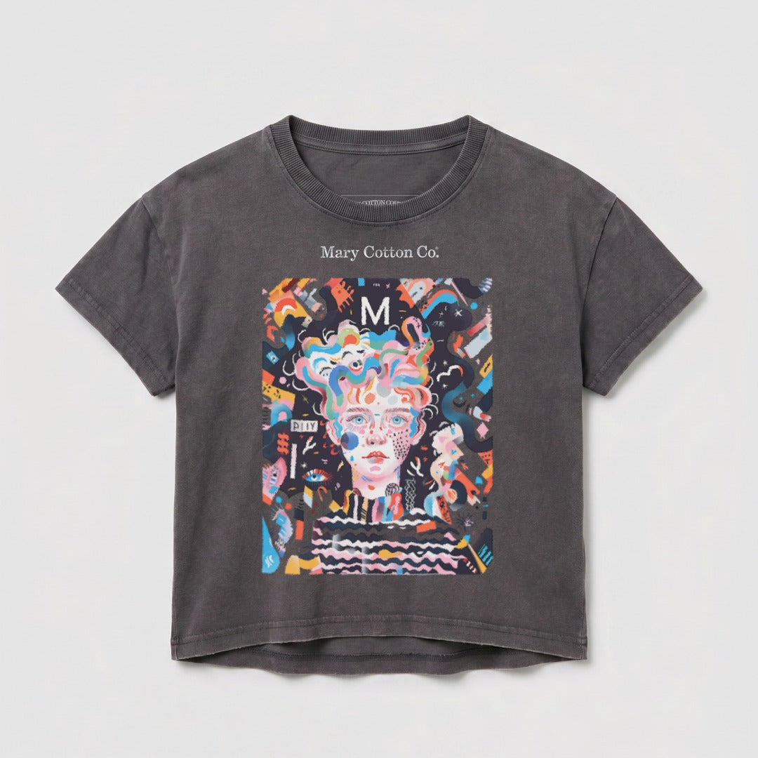 Gray cotton t-shirt with colorful abstract portrait and "Mary Cotton Co." text.