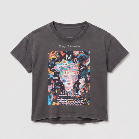 Gray cotton t-shirt with colorful abstract portrait and "Mary Cotton Co." text.
