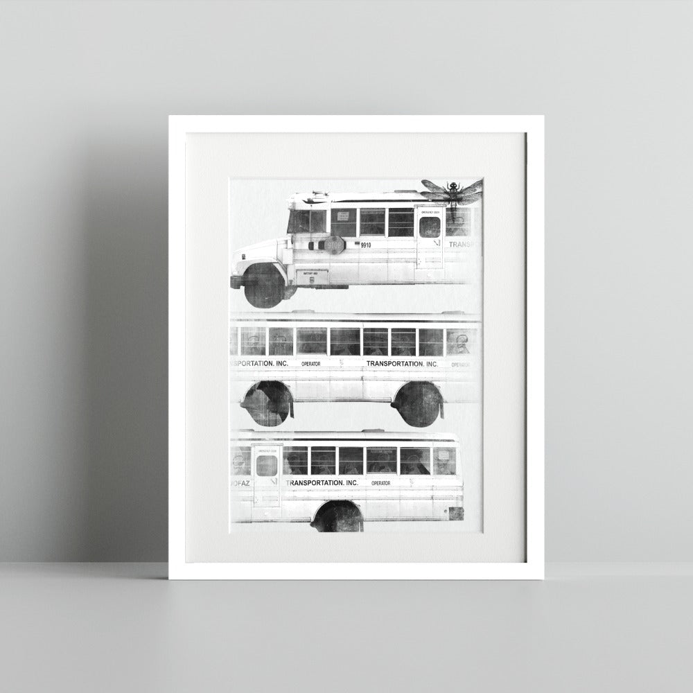 Black and White School Bus Illustration in Frame Print