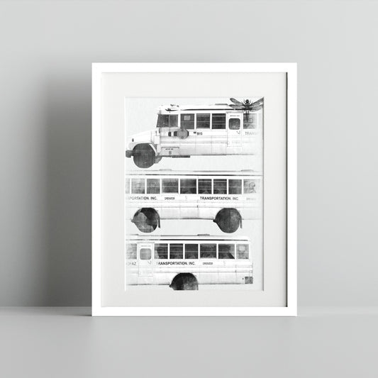 Black and White School Bus Illustration in Frame Print