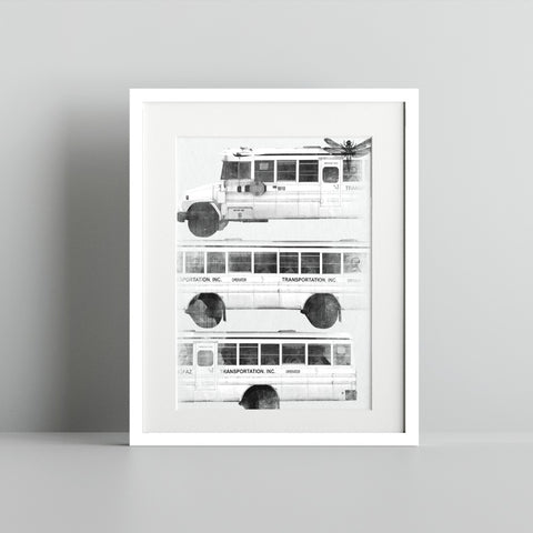 Black and White School Bus Illustration in Frame Print