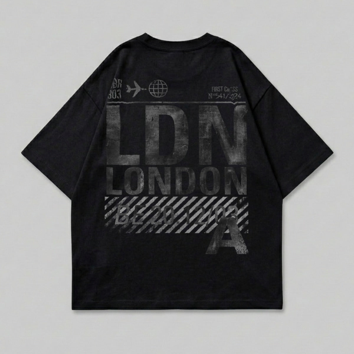 Black t-shirt with bold "LDN LONDON" graphic and airport codes.