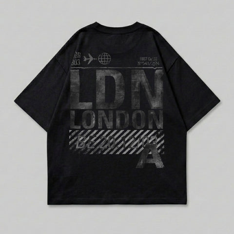 Black t-shirt with bold "LDN LONDON" graphic and airport codes.