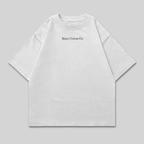 White t-shirt with "Mary Cotton Co." printed on the upper chest.