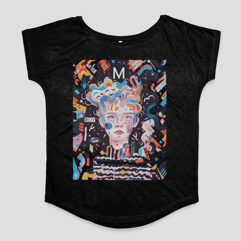 Colorful Abstract Portrait Design on Black T-Shirt