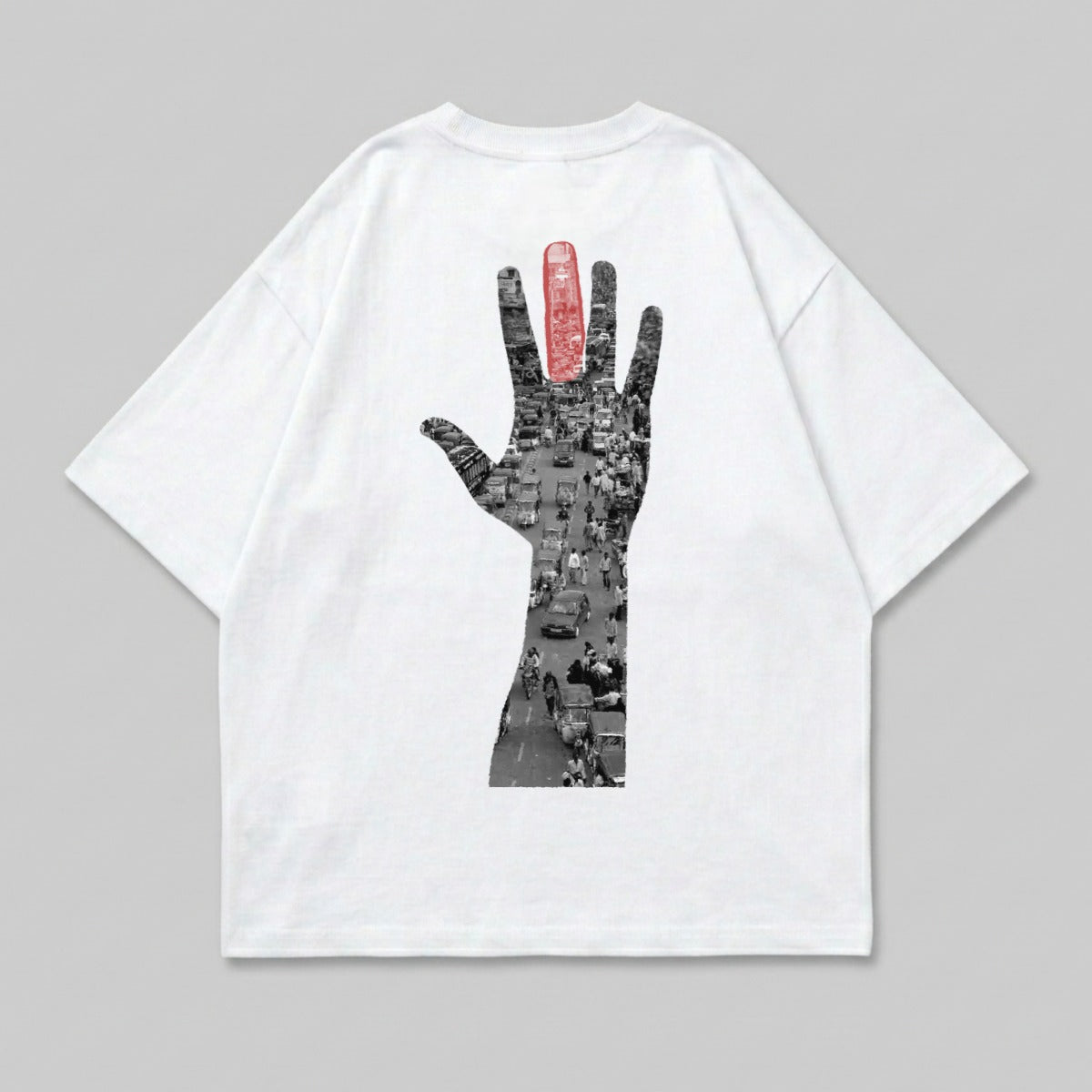 White t-shirt with black and red hand graphic of busy street scene.